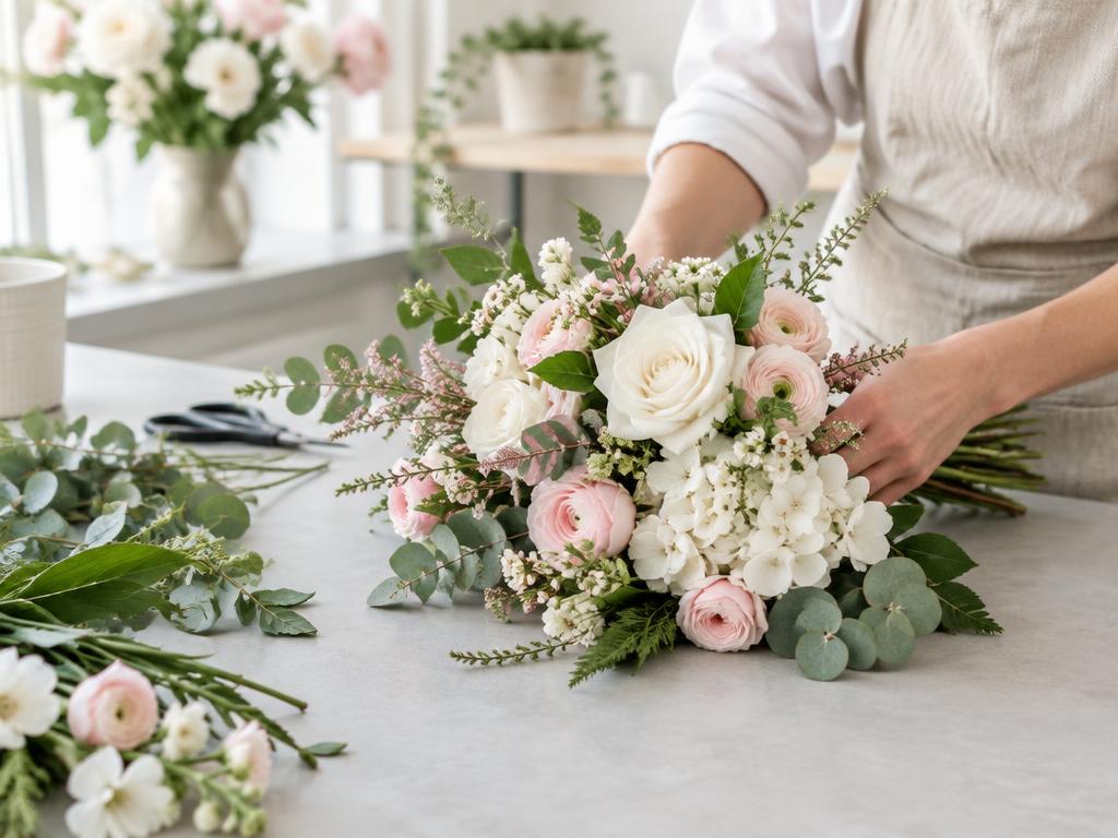 Arreglo floral de un pequeño negocio, usado como ejemplo de anuncio